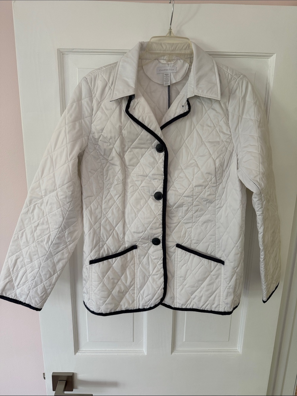 Quilted White Jacket with Navy Trim